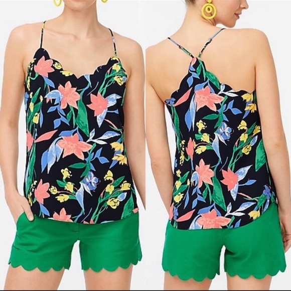 J. Crew Tropical Floral Print Cami Tank Top Scalloped Trim Size 4 - Picture 2 of 10